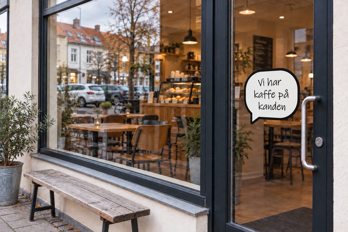 Café med taleboblen Vi har kaffe på kanden på døren