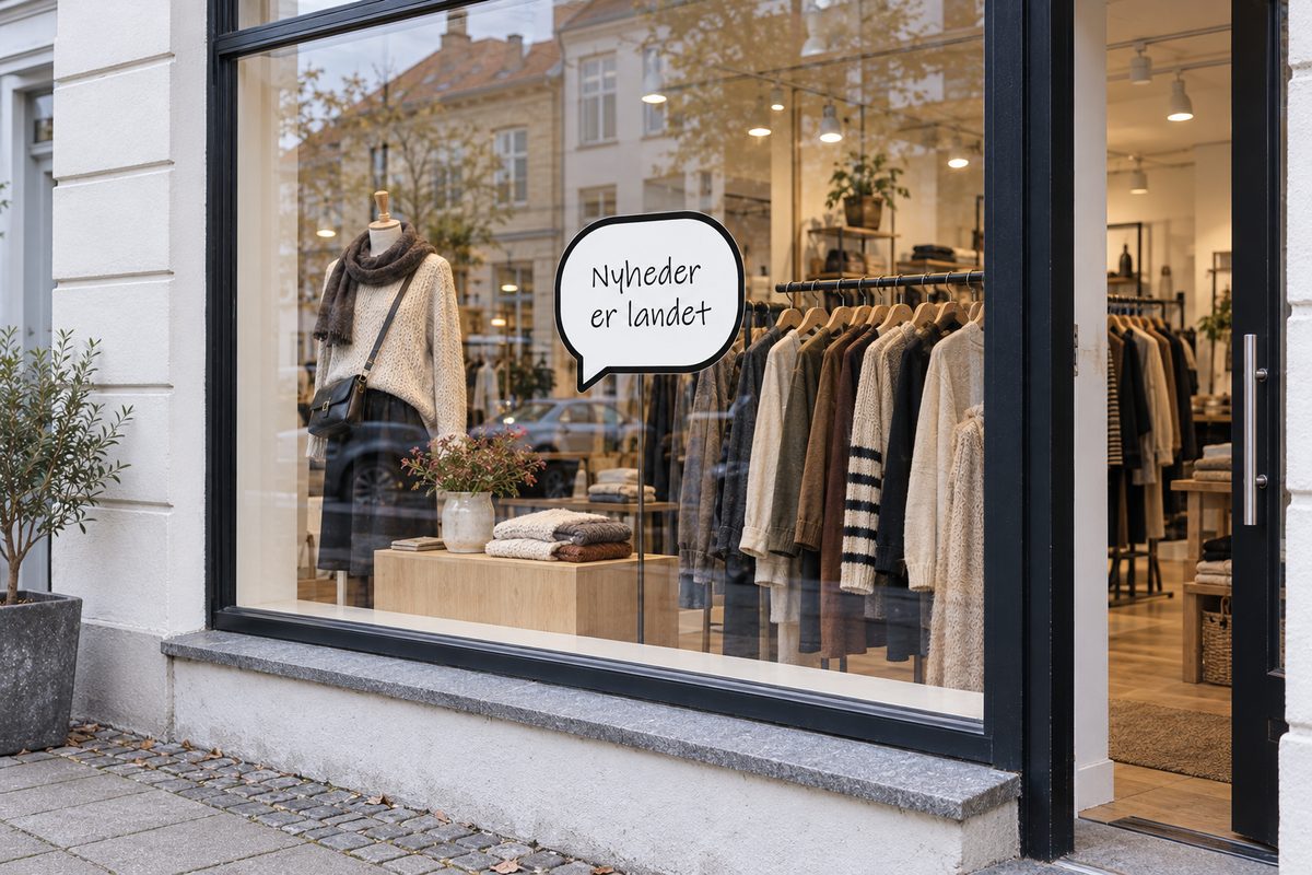 Butiksvindue med taleboblen Nyheder er landet