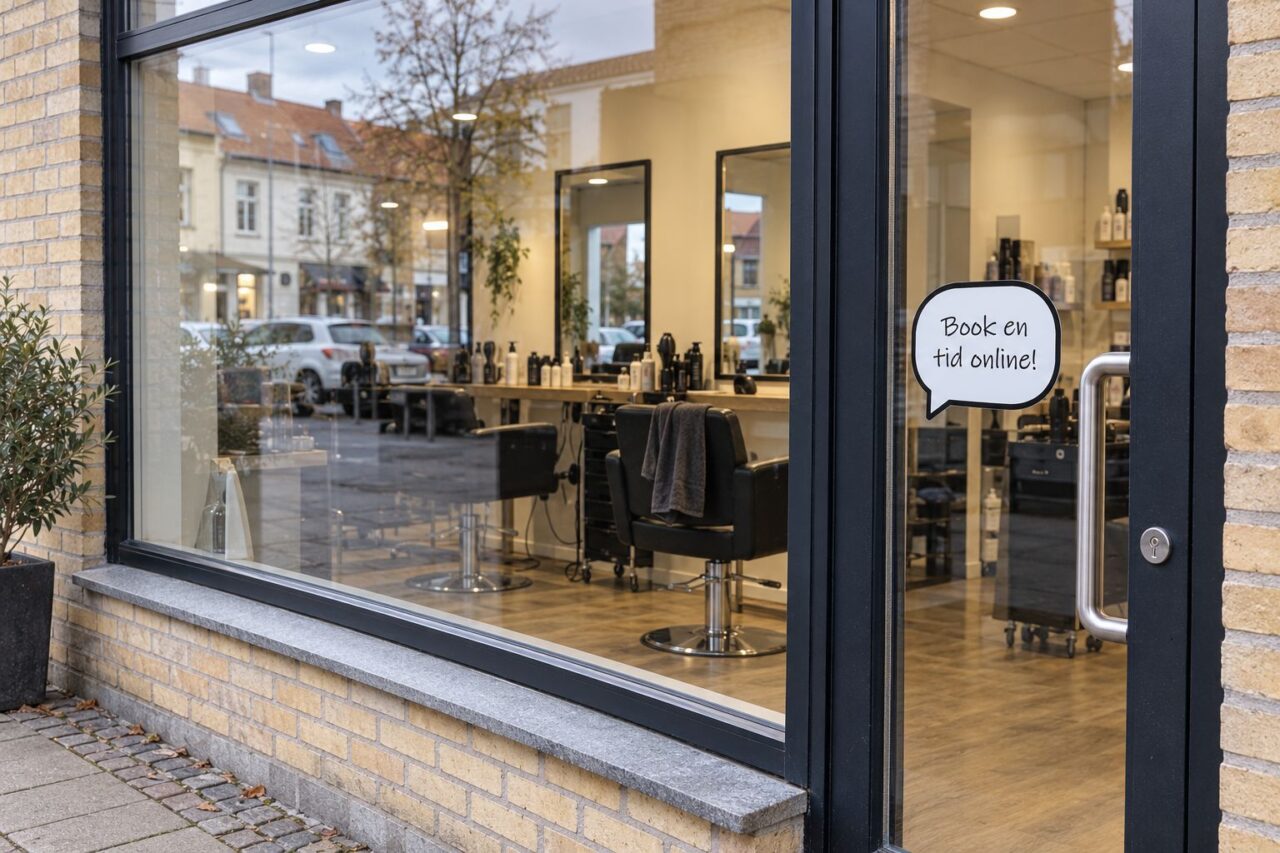 Frisørsalon med taleboblen Book en tid online på glasdøren